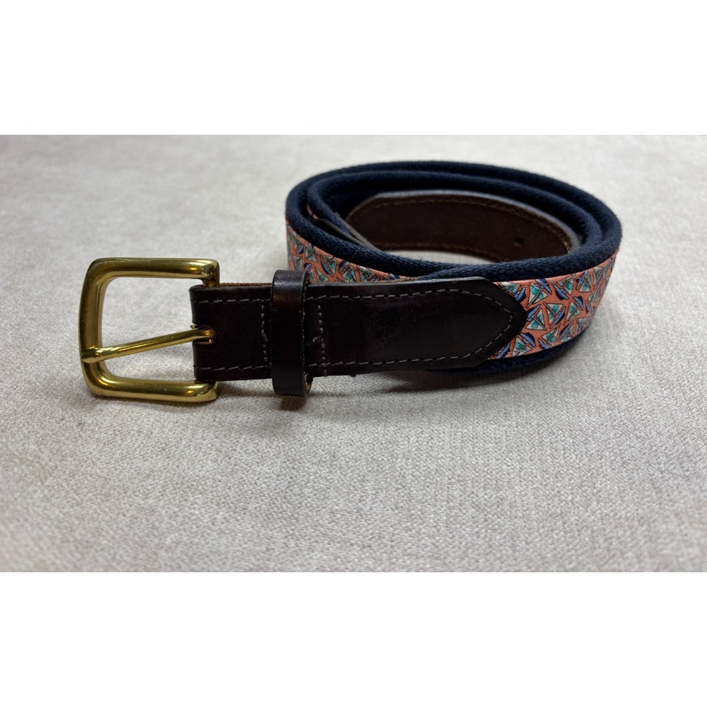 Vineyard Vines Belt Mens 32 Brown Leather Canvas Sailboat Print Pink Blue Brass